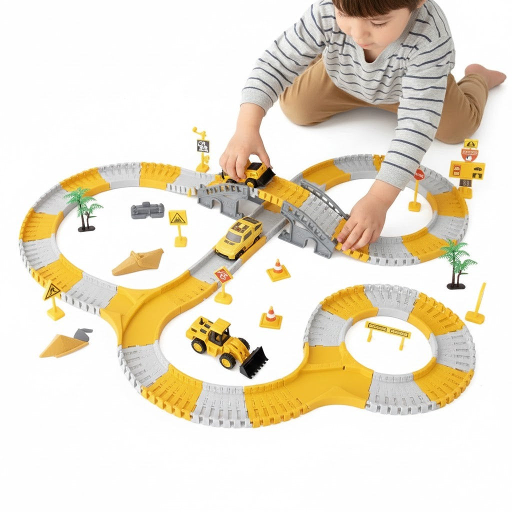 Circuit de Course Enfants– Circuit de Course Enfant– Piste Flexible & Véhicules de Construction 221 pièces