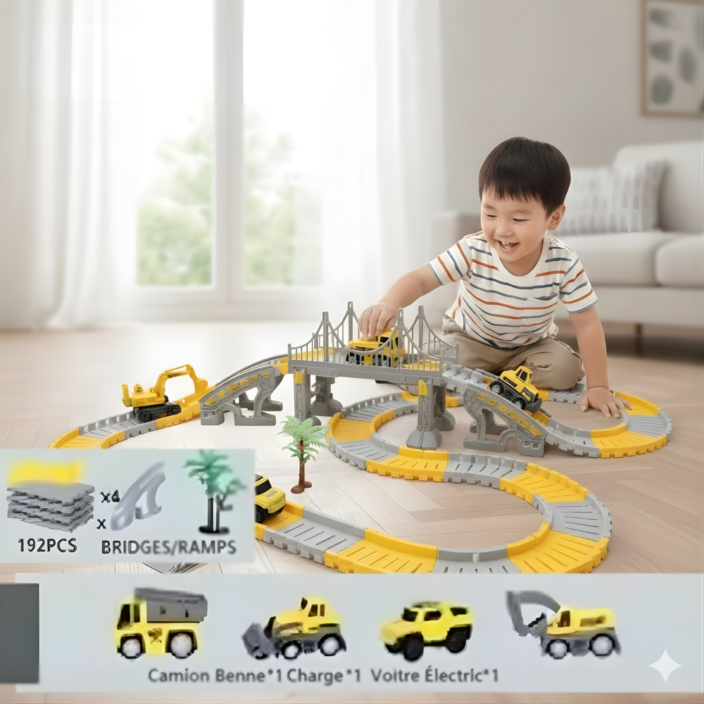 Circuit de Course Enfants– Circuit de Course Enfant– Piste Flexible & Véhicules de Construction 221 pièces